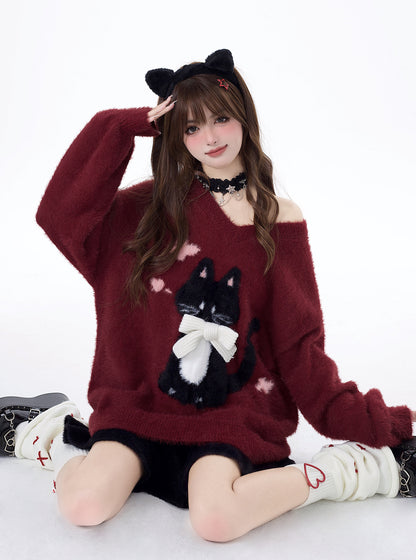 Crazy Girl Lazy Kitten Fuzzy White Red Sweater Top