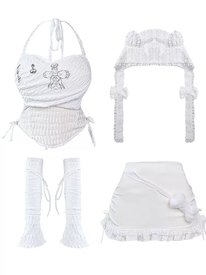 Serendipity Bony Bandage White Cami & Arm Warmers & Hat & Skirt Four Piece Set