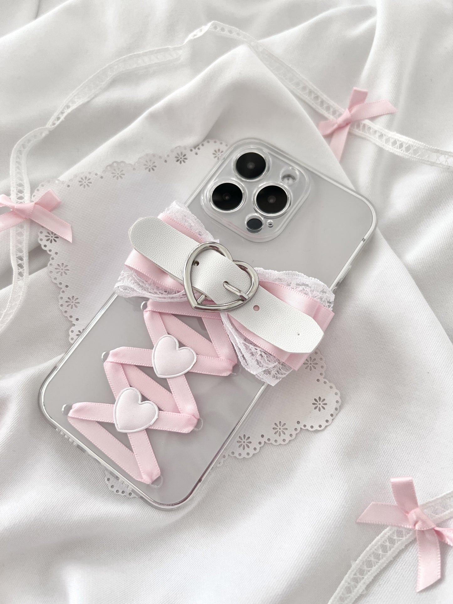 Sweet Coquette Balletcore Pink Bow Heart Handmade Transparent Silicone Phone Case