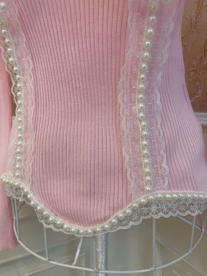 Sweetheart Princess Girly Pink Lace Bow Pearl Knit Sweater