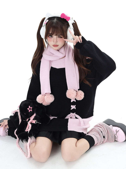 Crazy Girl Sweet Girl Knit Love Soft Pink Black With Scarf Sweater