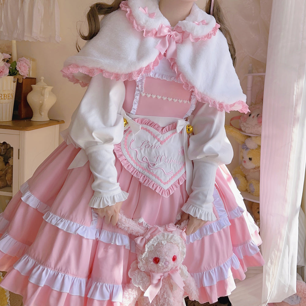 Lolita Cute Little Rabbit Ears Pink & White Winter Cape