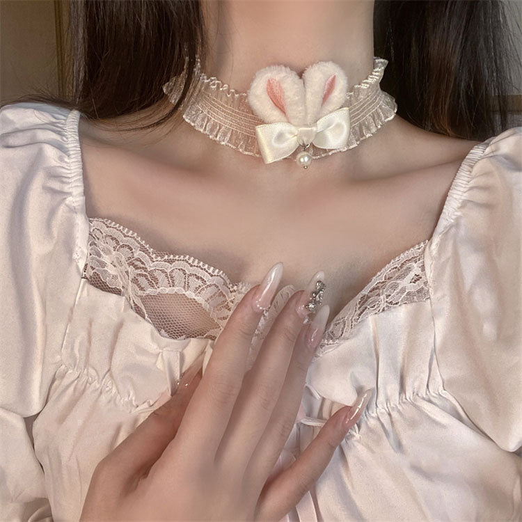 Sweet Cute Lolita White Rabbit Bow Necklace Choker Collar