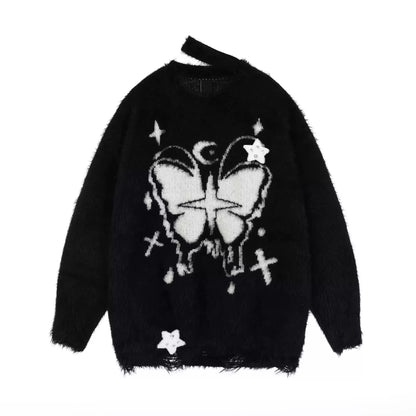 Crazy Girl Moonlight Butterfly Pink Black Fuzzy Sweater