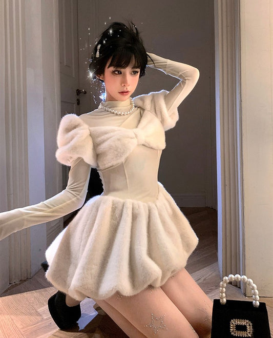 Monet Winter Elegant Chic Angel White Plush Bow Puff Sleeve Dress