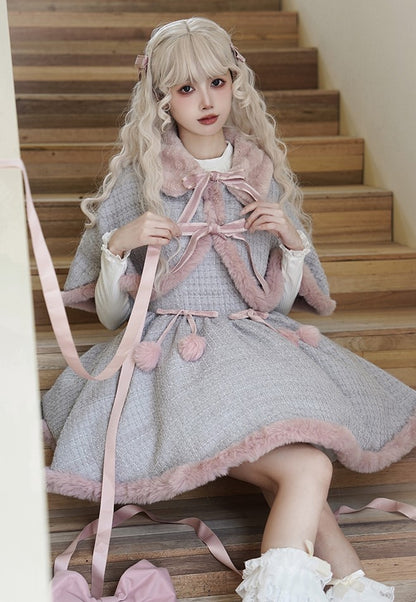 Universal Lolita Winter Blue & Pink Tweed Plush Cape Cloak Strap Dress Two Piece Set