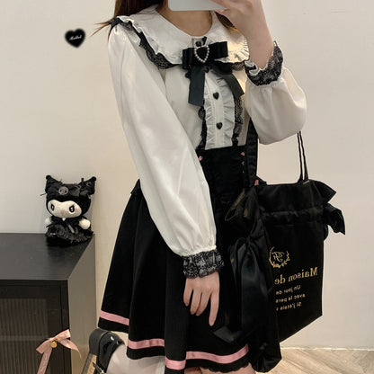 Kitten Bullet Jirai Kei Love Craft Lace Doll Collar Pink Black White Shirt Blouse