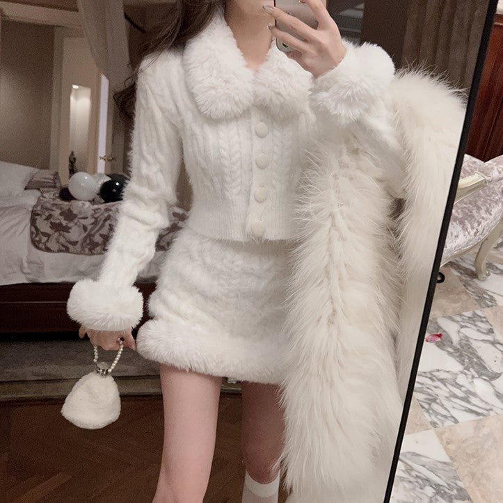 Winter Chic Black & White Knit Fur Collar Jacket Sweater Skirt Two Piece Set