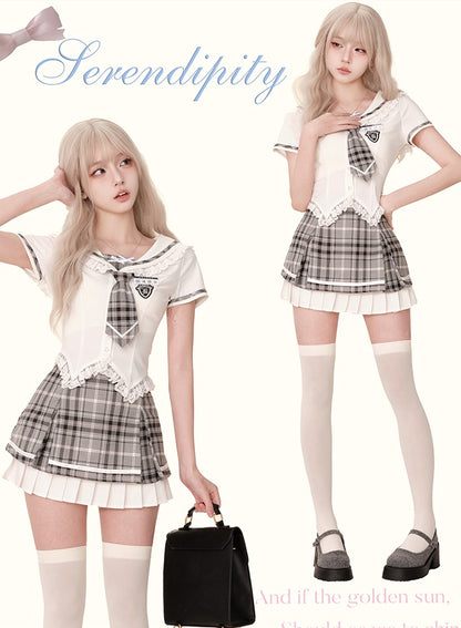 Serendipity Poly College White Shirt & Gray Plaid Skirt Two Piece Set