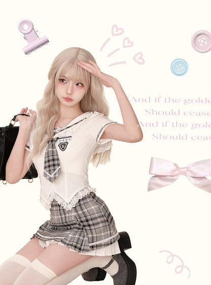 Serendipity Poly College White Shirt & Gray Plaid Skirt Two Piece Set