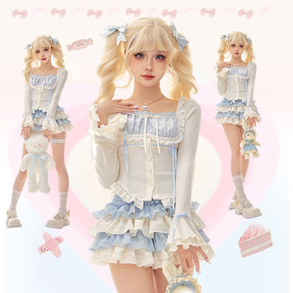 Serendipity Love Hime Lace Blue White Blouse Shirt & Ruffled Cake Skirt Two Piece Set