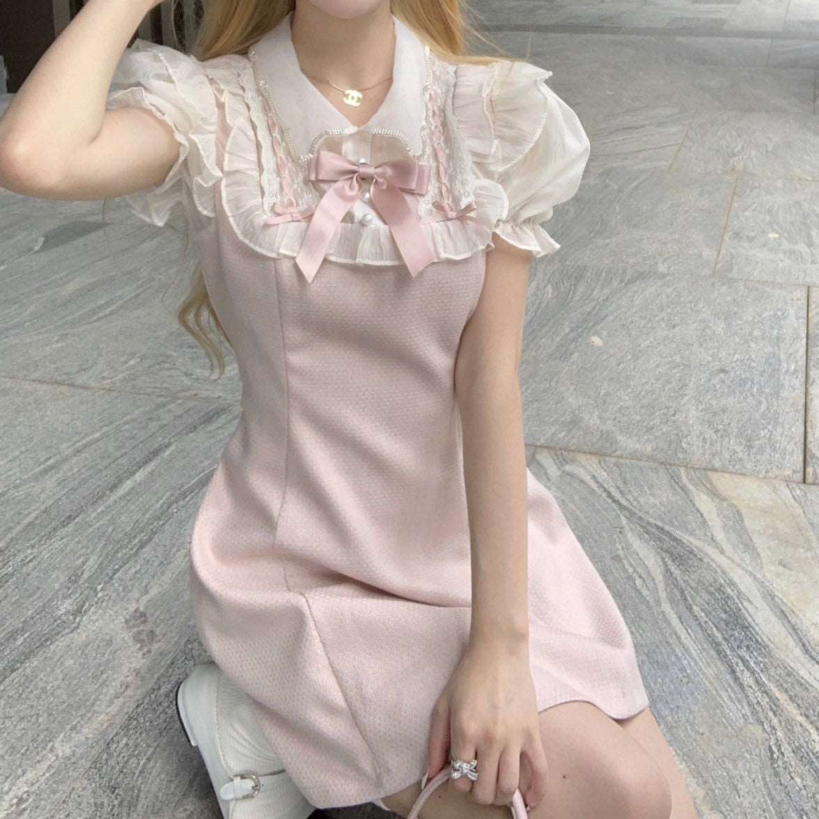 Acacia Coquette Sweet Doll Petite Girl White Ruffled Collar Pink Dress