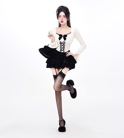 Kiki Coquette Chic Lace Bow Black White Top Shirt