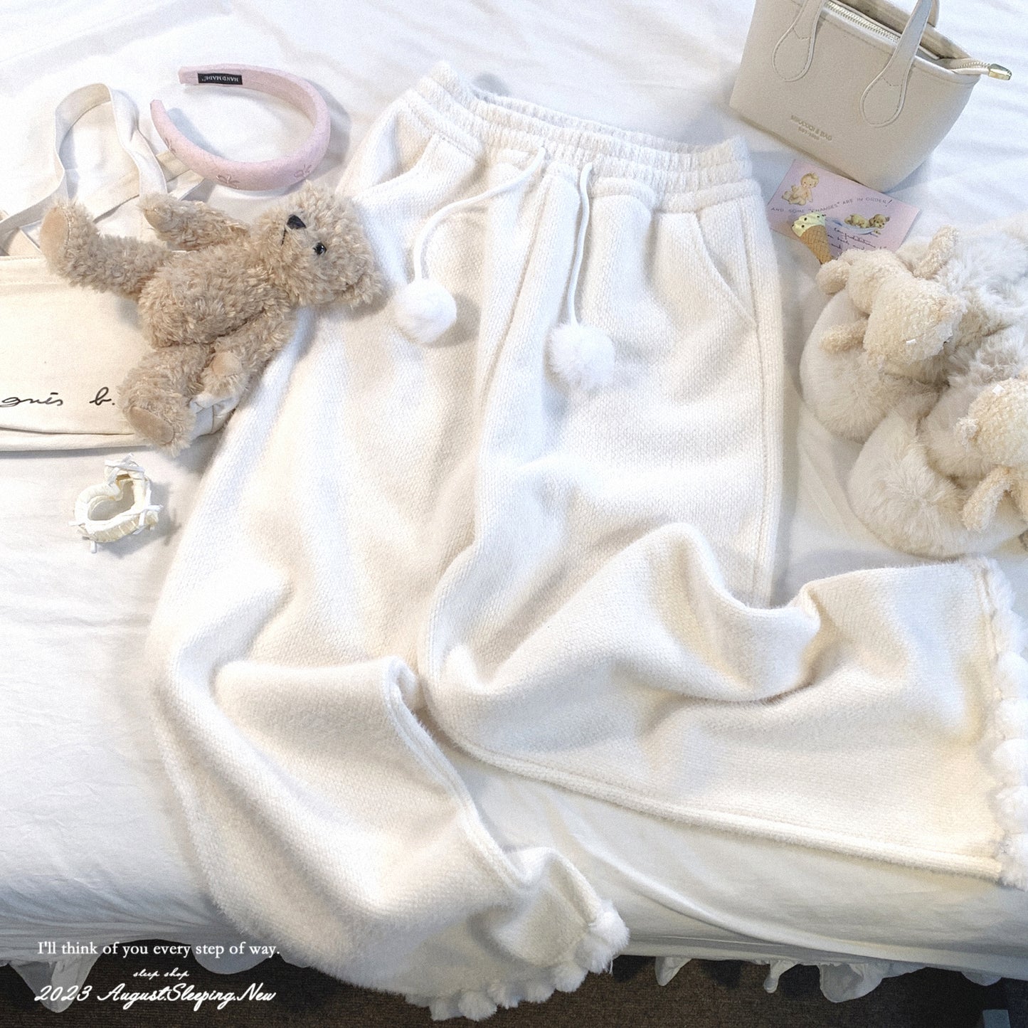 Dormir Doll Pompom Winter White Cream Pink Blue Elastic Waist Pants