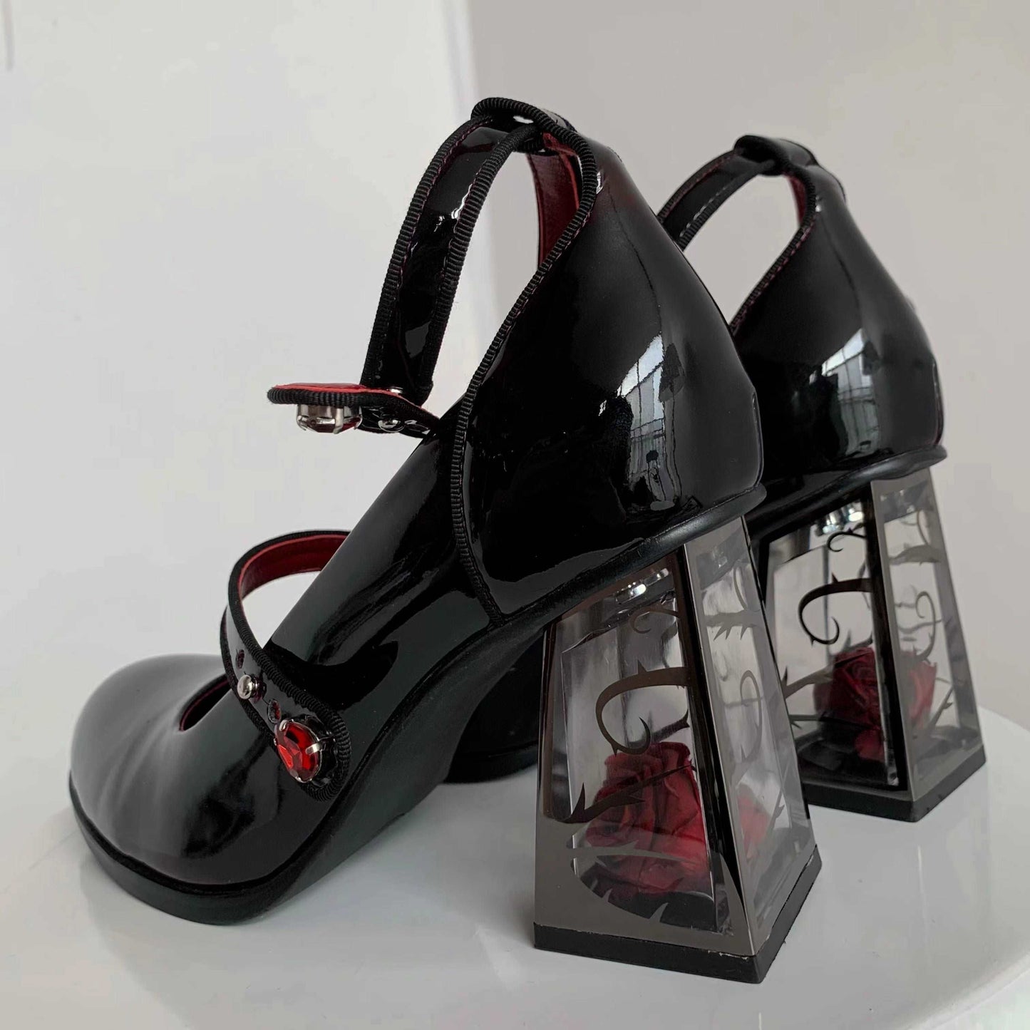 Dark Gothic Ruby Black Red Rose Transparent Glass High Heels Shoes