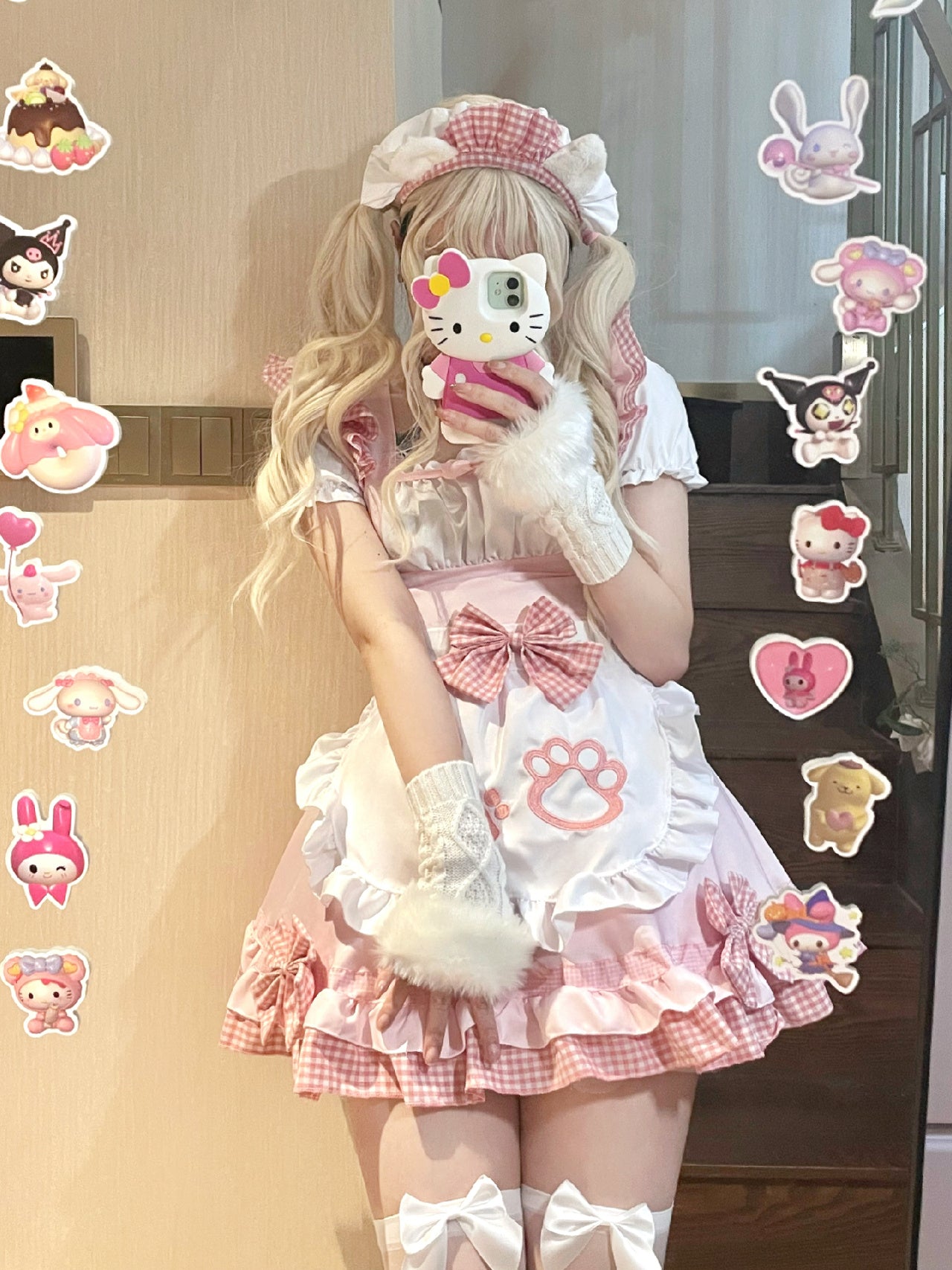 Serendipity Cat Paw Black Pink Bow Cosplay Maid Dress