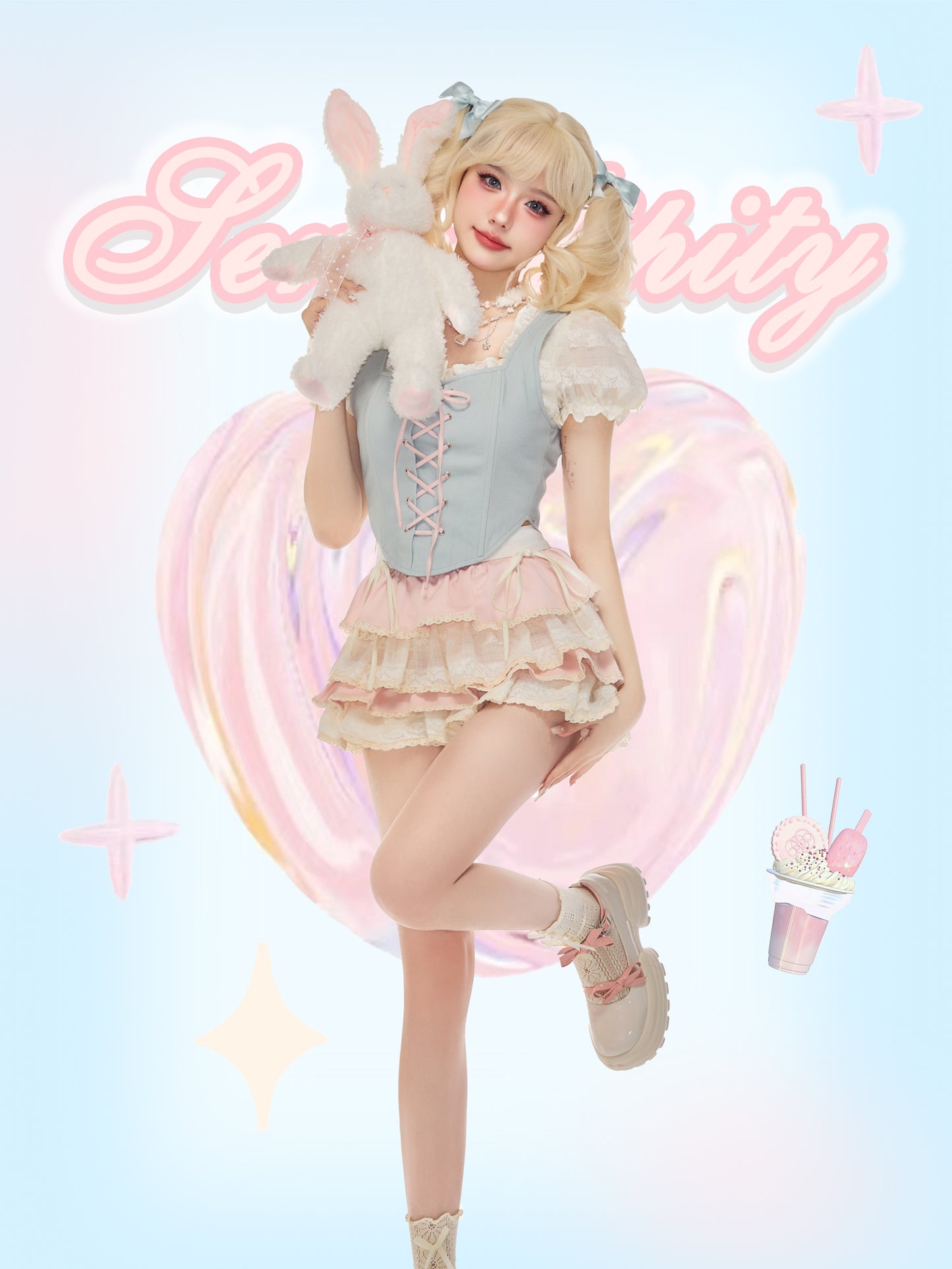 Serendipity Coquette Balletcore Ribbon White Lace Puff Sleeve Shirt & Blue Vest & Pink Mini Short Skirt Three Piece Set