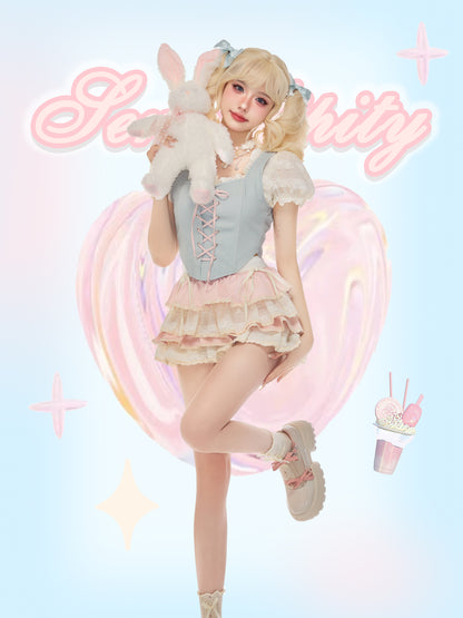 Serendipity Coquette Balletcore Ribbon White Lace Puff Sleeve Shirt & Blue Vest & Pink Mini Short Skirt Three Piece Set