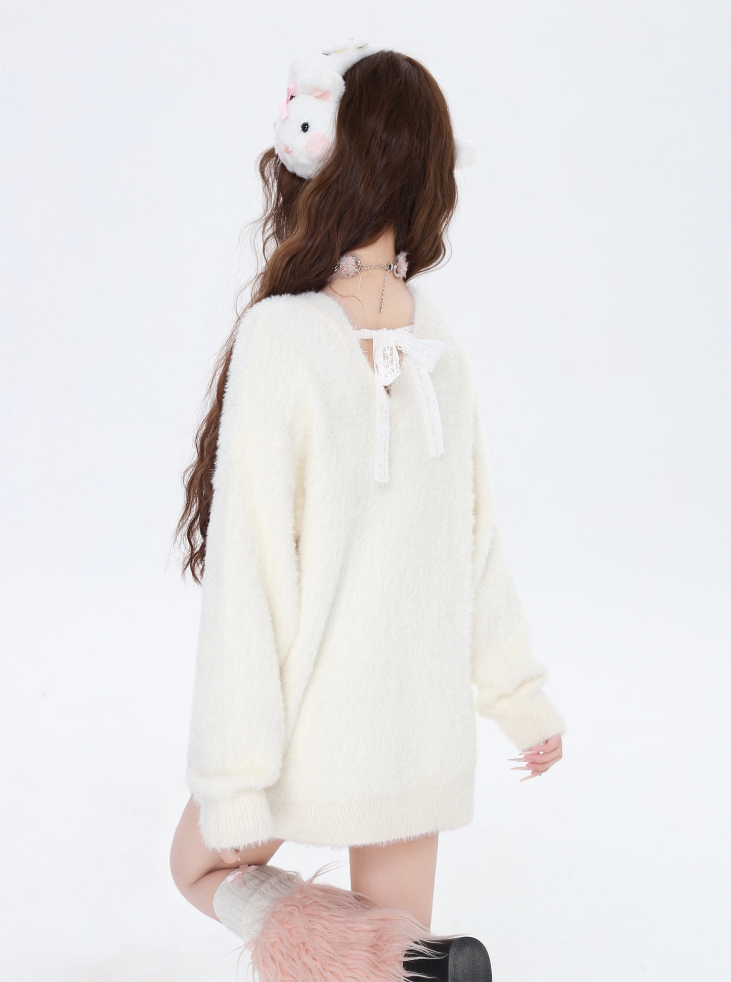 Crazy Girl Sweet Beauty Pink White Black Mohair Sweater