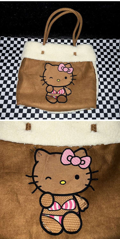 Black Brown Skin Kitty Plush Fluff Removeable Pin DIY Tote Bag