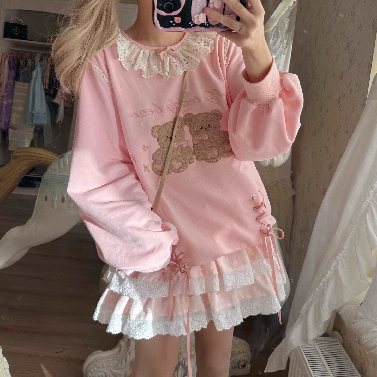 EGL Coquette Bow Ribbon Teddy Bear Pink Sweatshirt