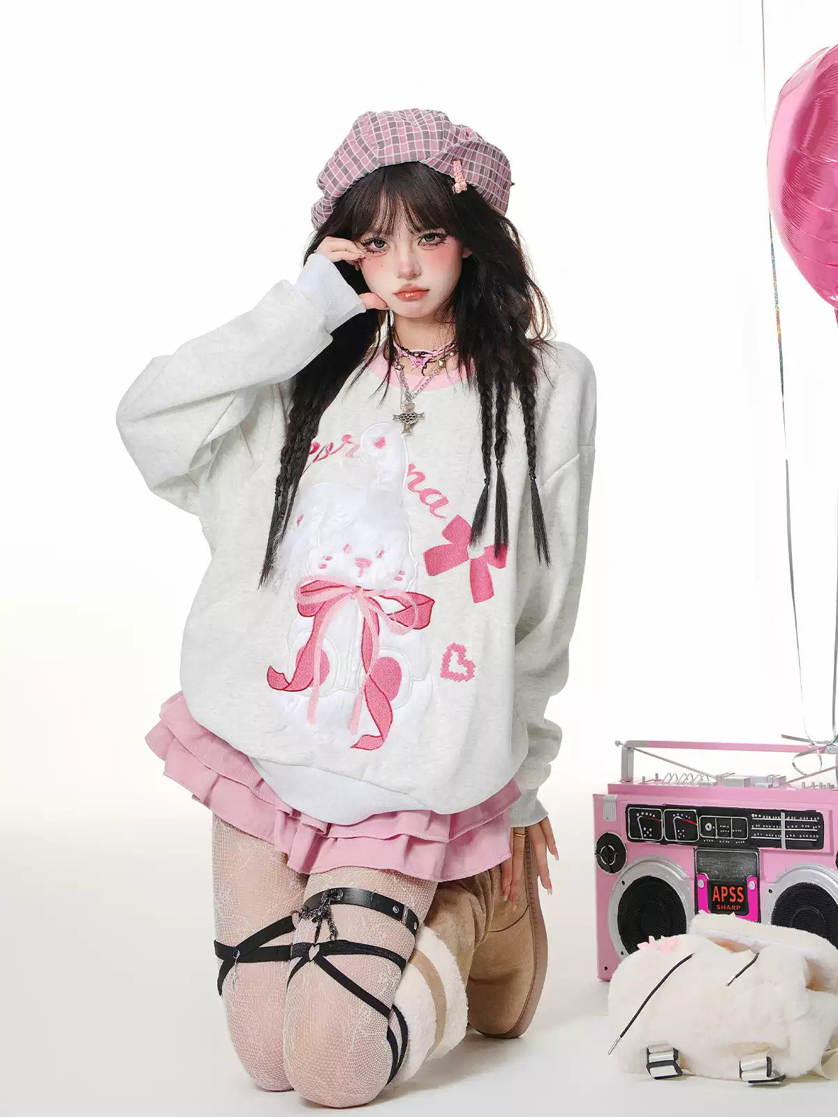 Young Eyes Cute Rabbit Black Pink White Pullover Sweater