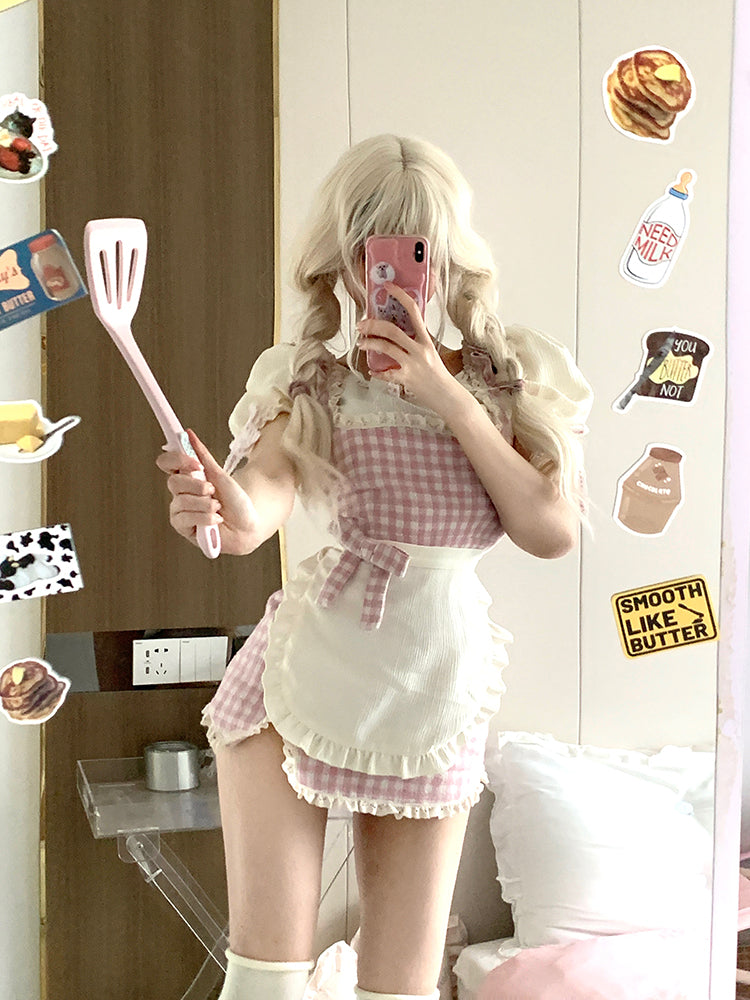 Serendipity Coquette Sweet Girl Cream Puff Sleeve Shirt & Plaid Pink Suspender Strap Dress Apron Maid Two Piece Set