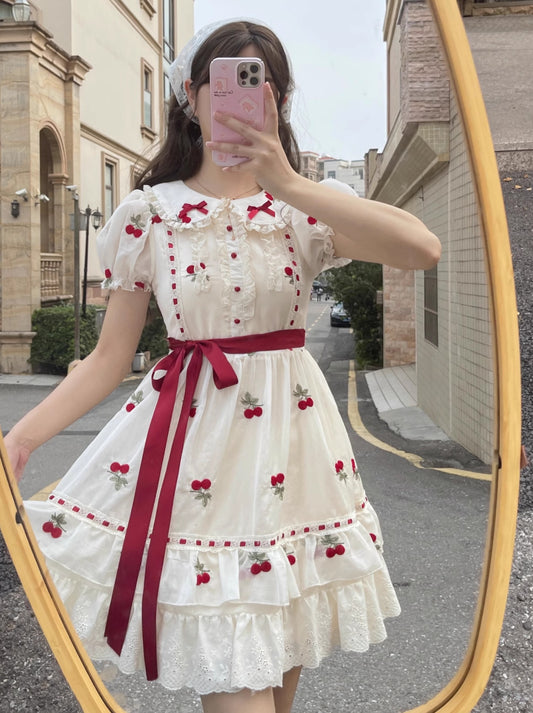 Ruellia Summer Cherry Red Cream Puff Sleeve Dress