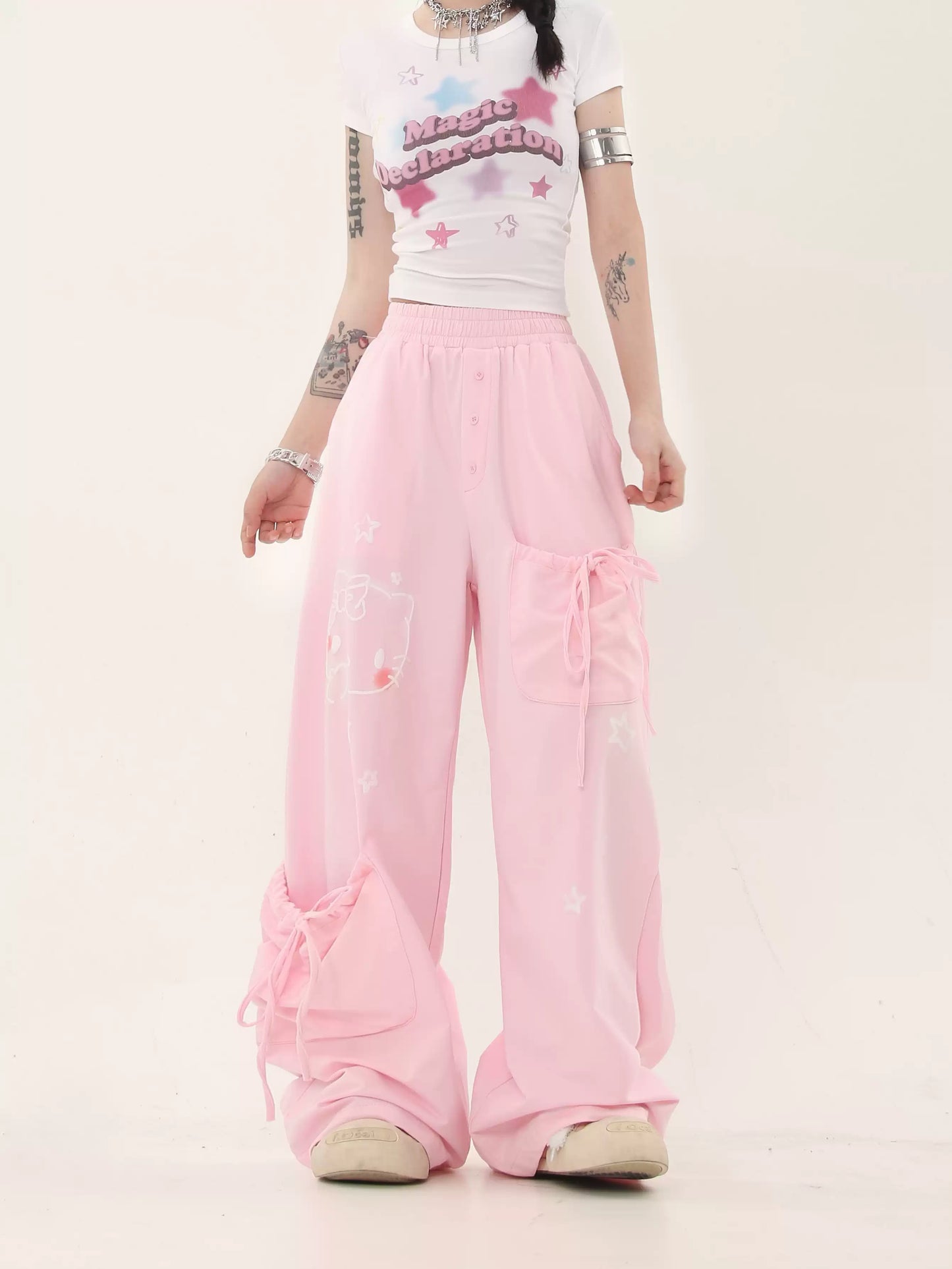 Young Eyes Graffiti Kitty Cat Pink Gray Elastic Gathered Waist Pants