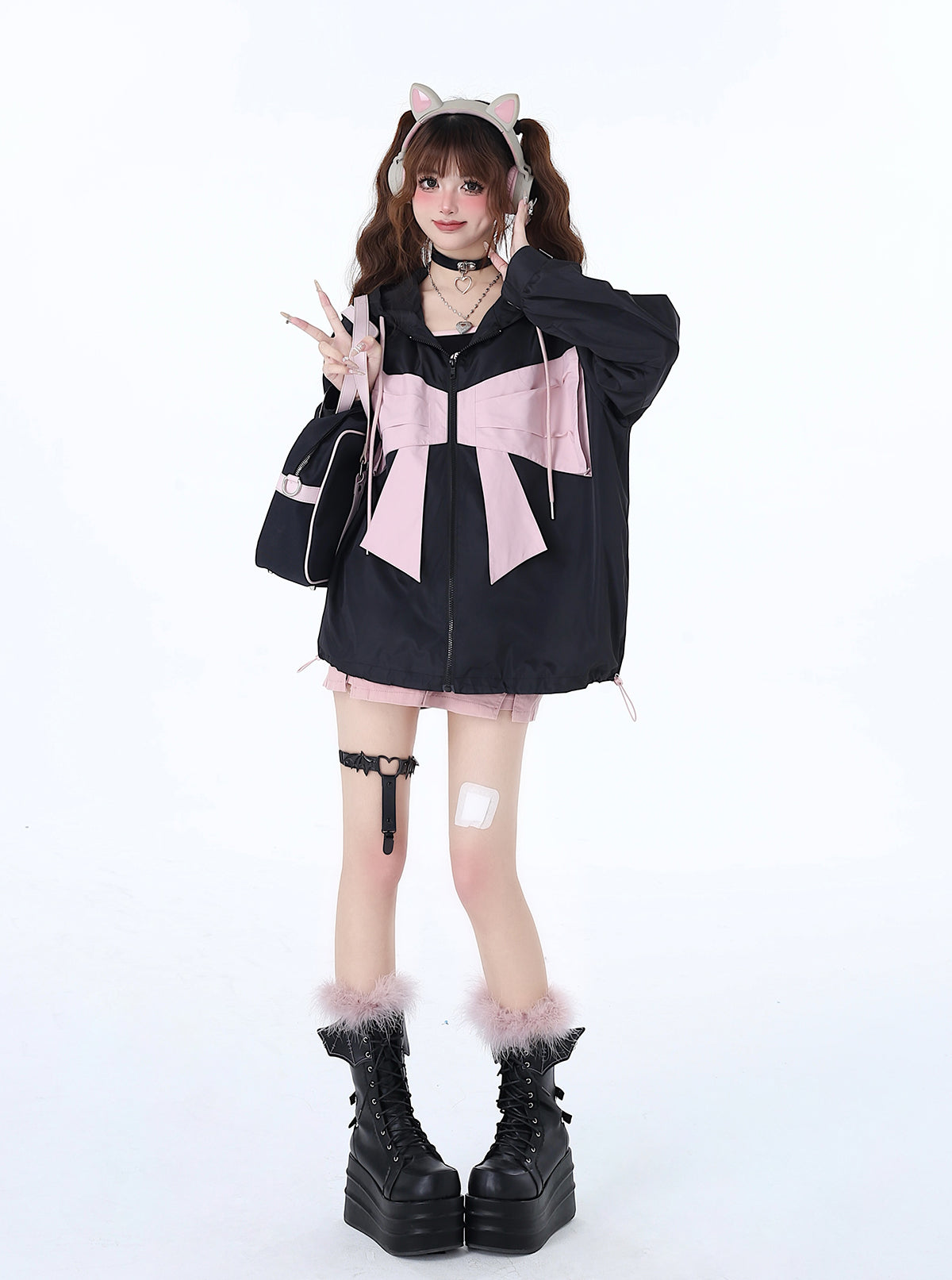 Crazy Girl Mist Bow Cool Black Pink & White Blue Thin Jacket