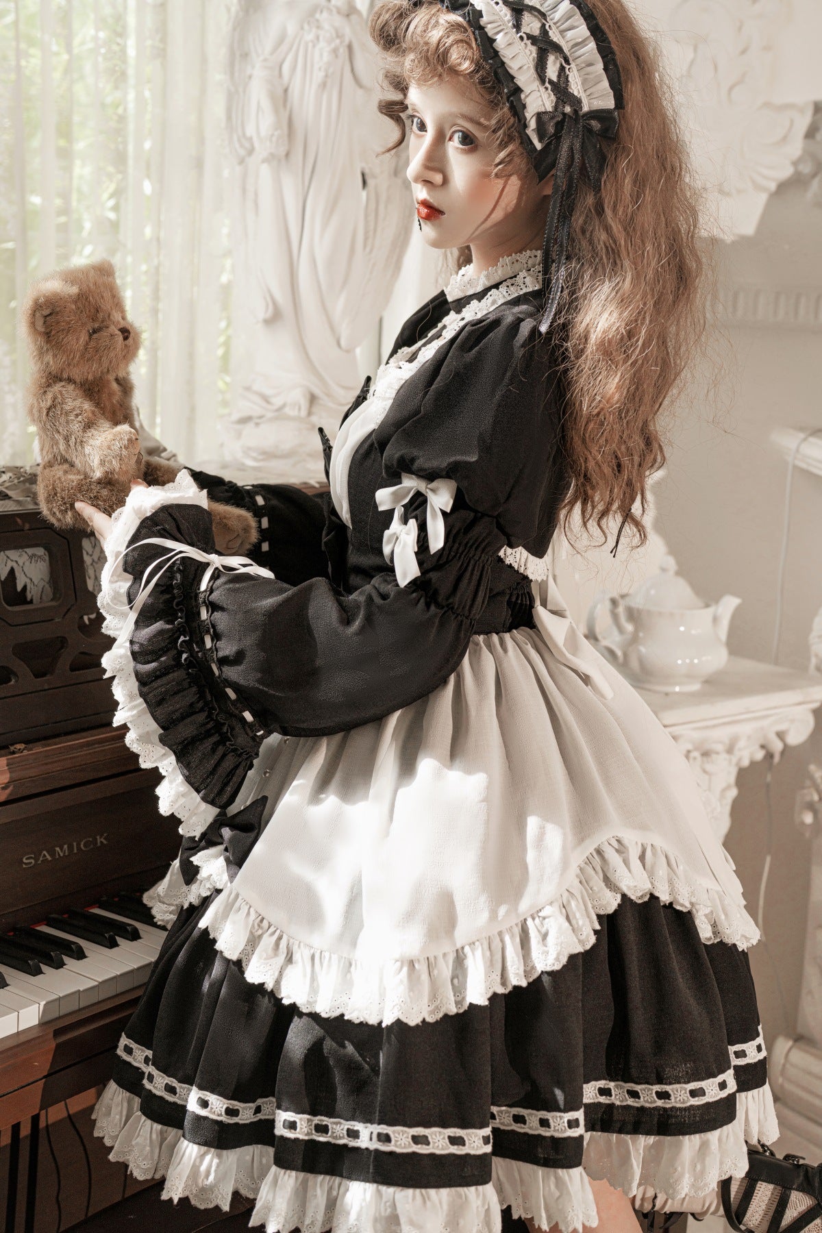 Gothic Dark Maid Cosplay EGL Black White Elegant Bow Dress & Jacket Two Piece Set