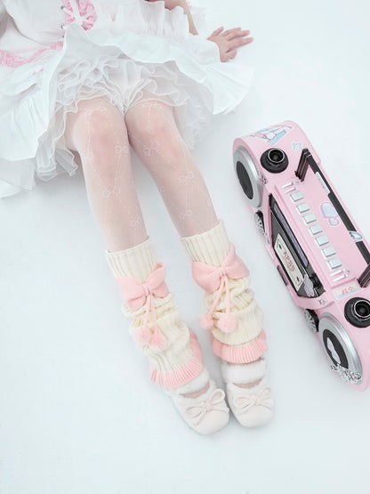 Sweet Lolita Pink Bow Pompom Balls Knit White Leg Warmers