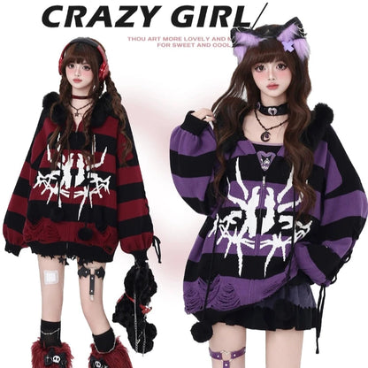 Crazy Girl Spider Punk Striped Gray Black White Purple Red Fur Jacket Hoodie