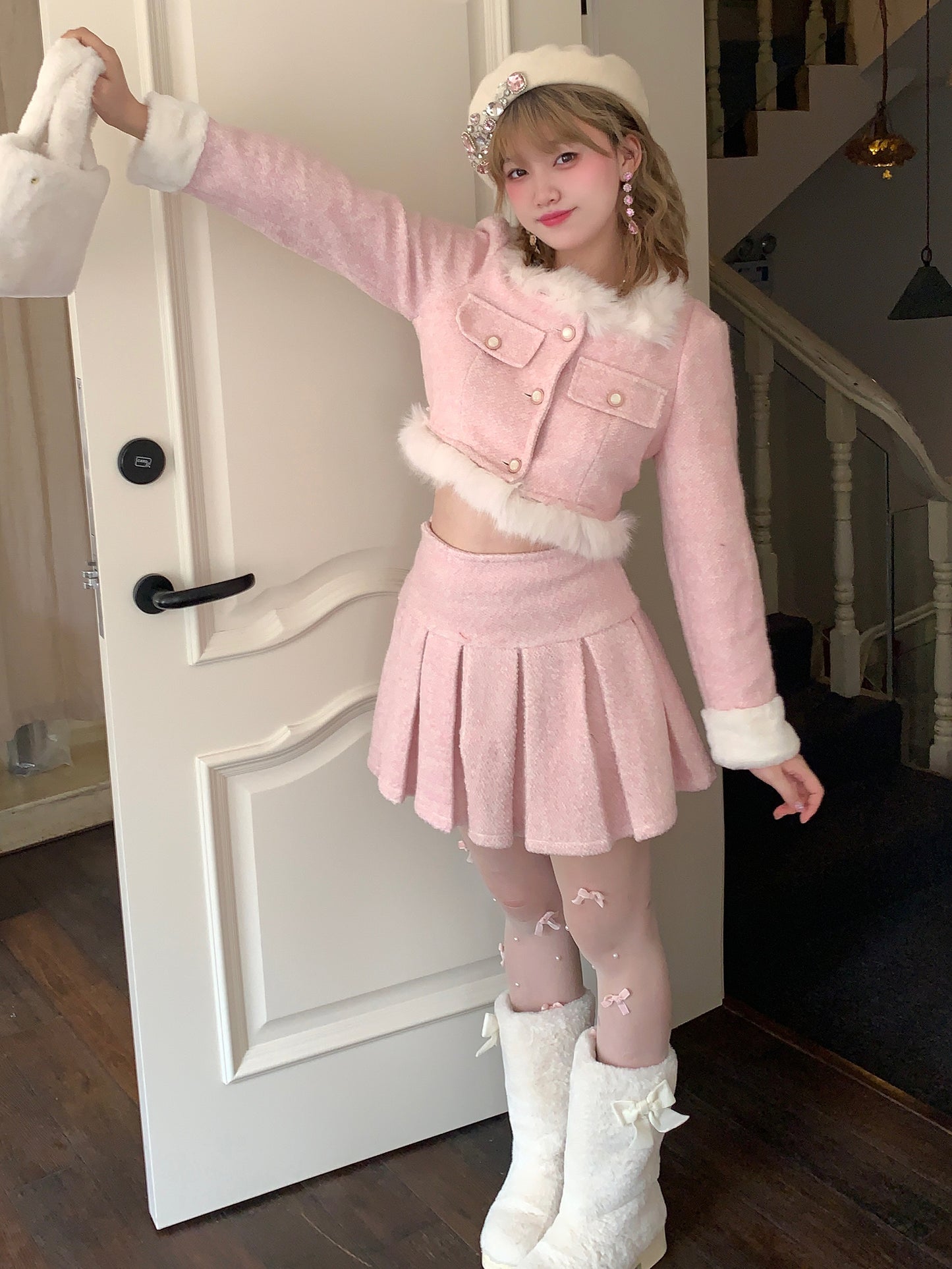 Picnic Girl Regal Peach Pink Fur Collar Coat Jacket Skirt Two Piece Set