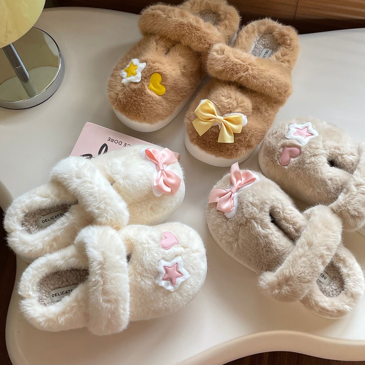 Pink Bow Star Heart Love Plush Fluff Slippers Shoes