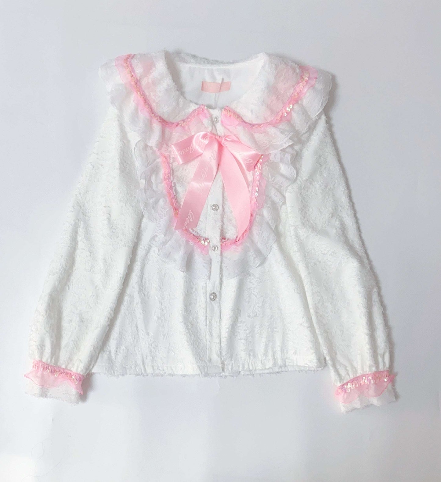 Candy Fairy Winter White Velvet Doll Collar Pink Ruffled Long Sleeve Blouse Shirt