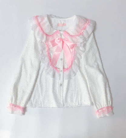 Candy Fairy Winter White Velvet Doll Collar Pink Ruffled Long Sleeve Blouse Shirt