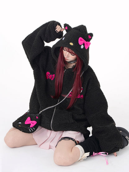 Young Eyes Cute Kitty Cat Pink Black White Y2K Plush Oversize Hoodie Jacket