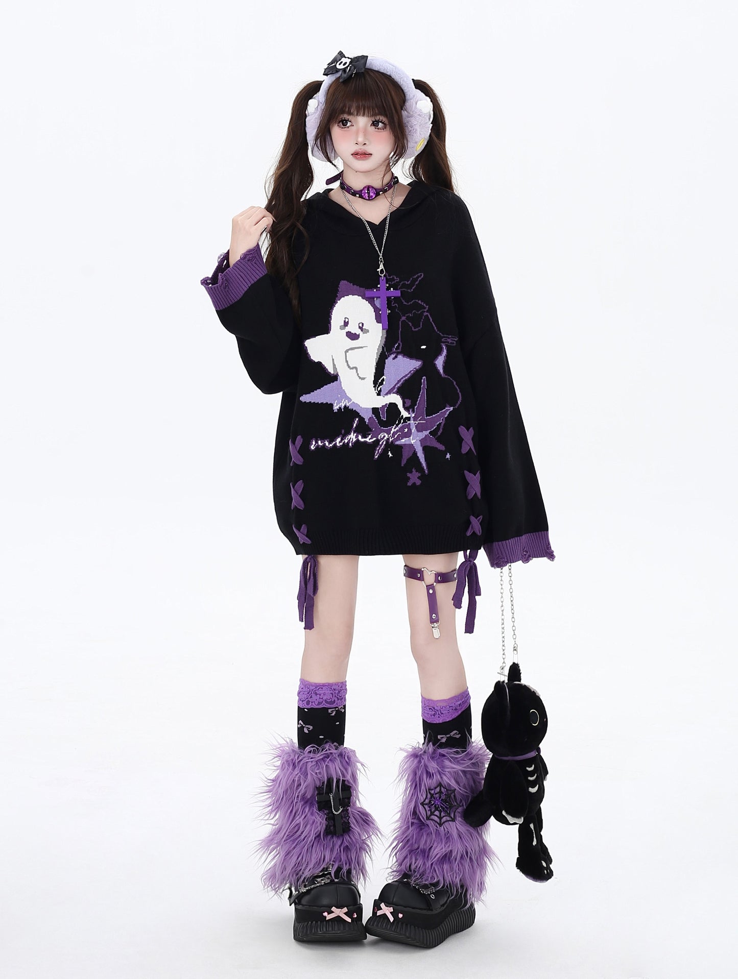 Crazy Girl Halloween Little Ghost Purple Black Knit Sweater