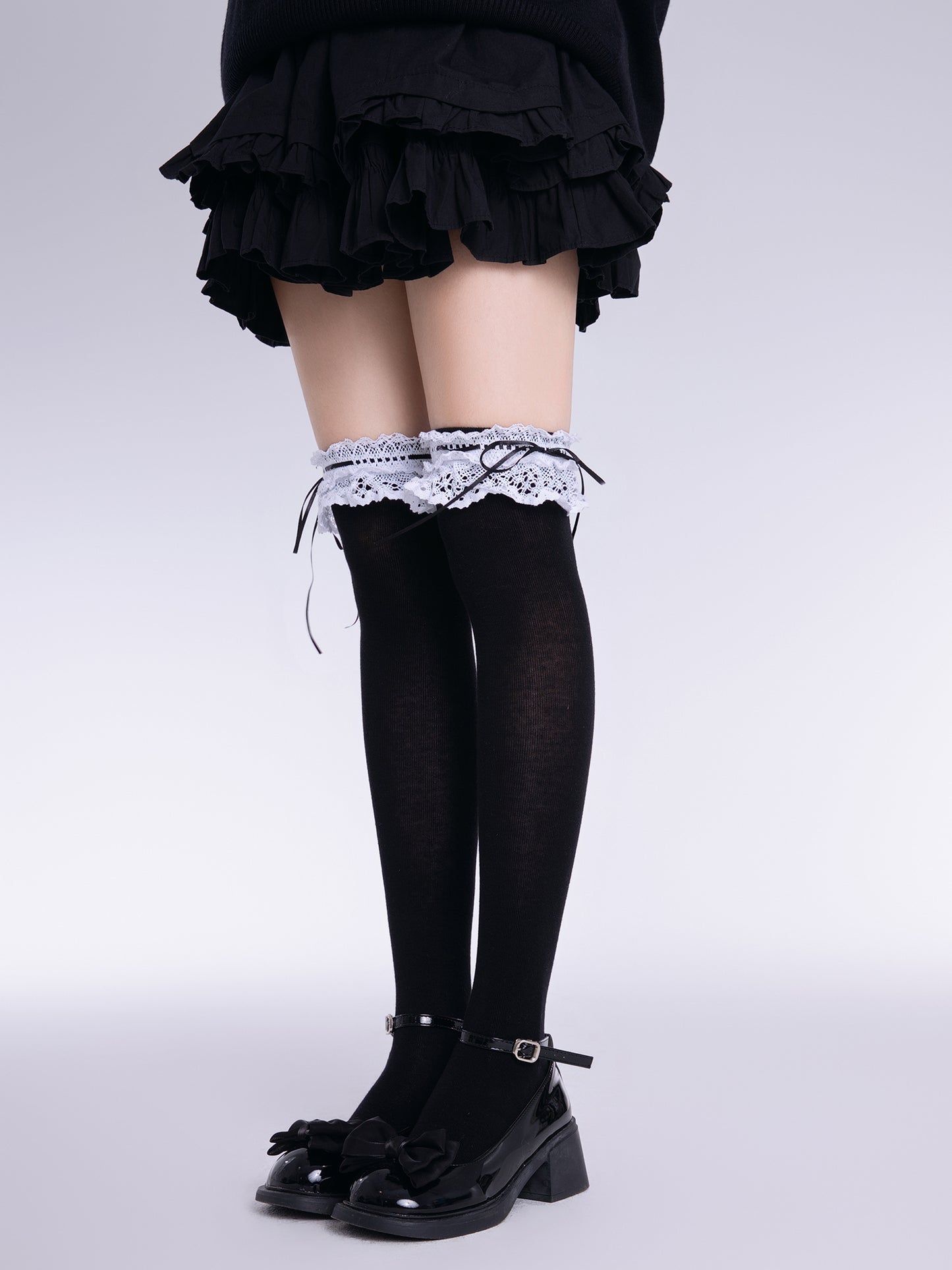 EGL Over Under The Knee Bow Lace Black White Socks Stockings