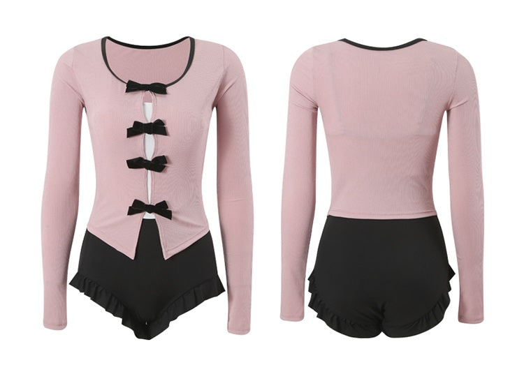 Masked Cat Sweet Pink & Gray Bow Long Sleeve Two Piece Swimsuit