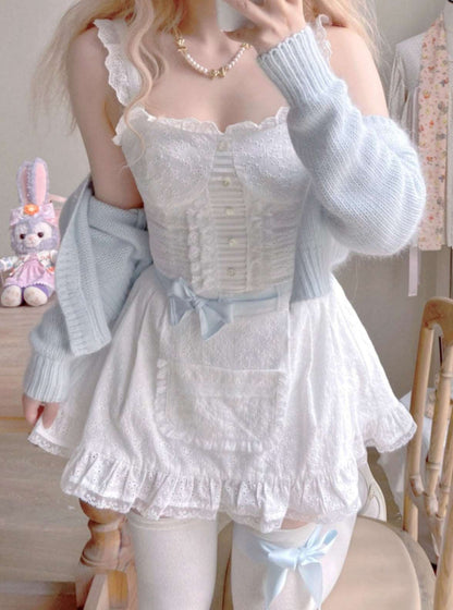 Creamy Sweet Blue Ribbon White Lace Camisole Top & Skirt & Cardigan Three Piece Set