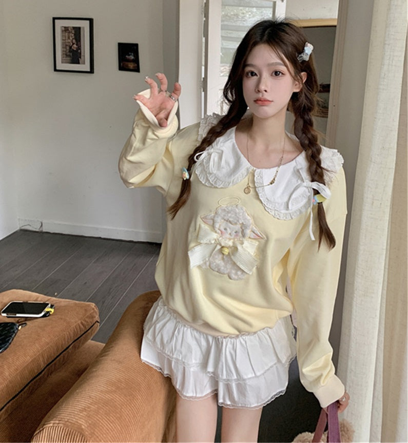 Doll Collar Cute Sheep Big Bow Embroidery Yellow Sweatshirt