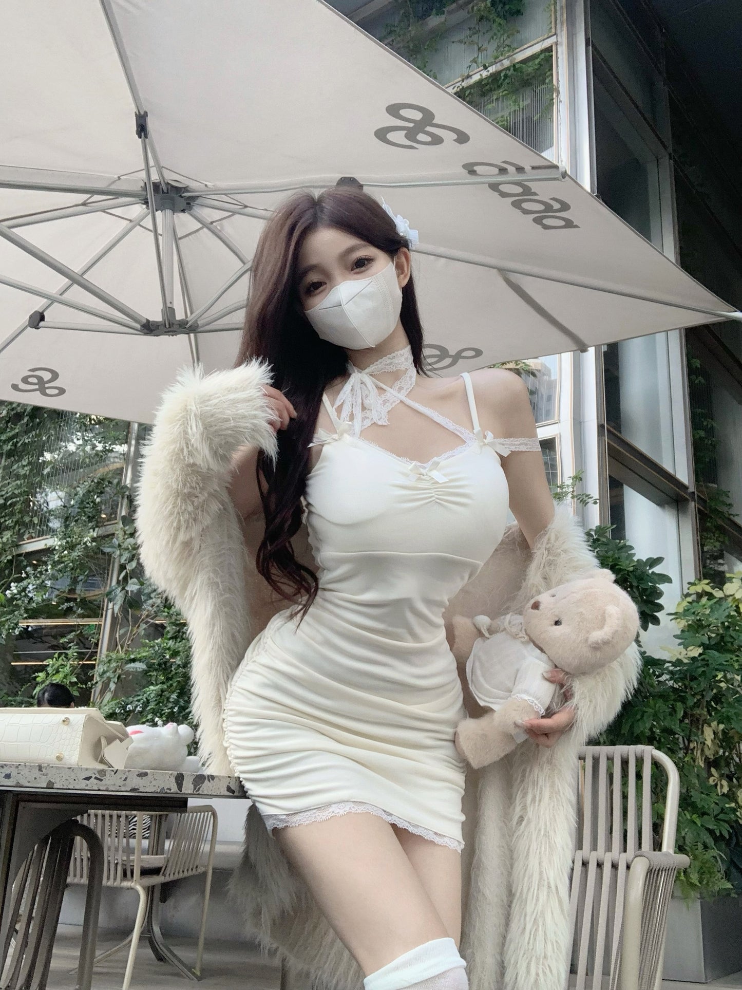 Sexy Bodycon White Strap Dress & Winter Fur Jacket Two Piece Set