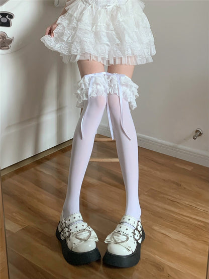 EGL Bow Lace Over Under The Knee Black White Cream Socks