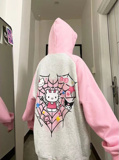 Kitty Cat Spider Web Y2K Pink Black Cartoon Print Sweatshirt Hoodie