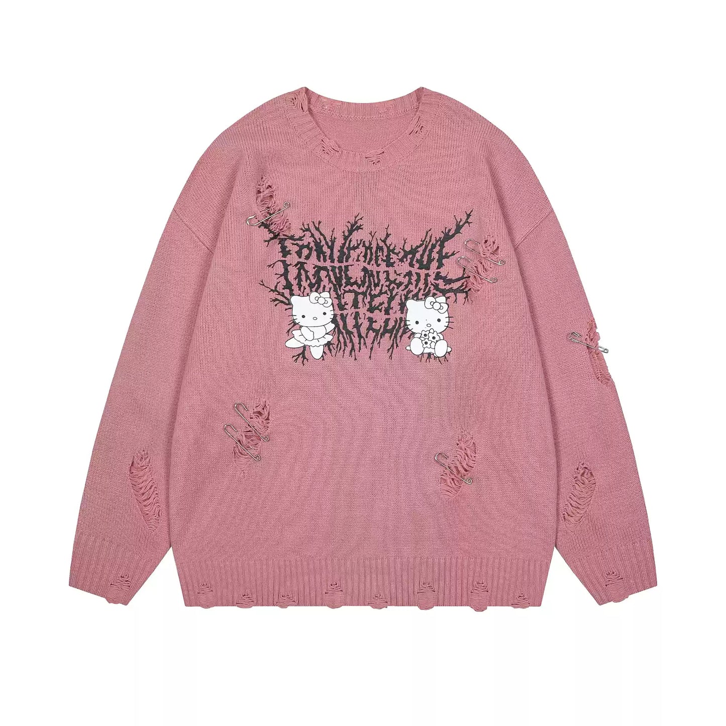 Crazy Girl Punk Kitty Clips Pink Black Knit Sweater