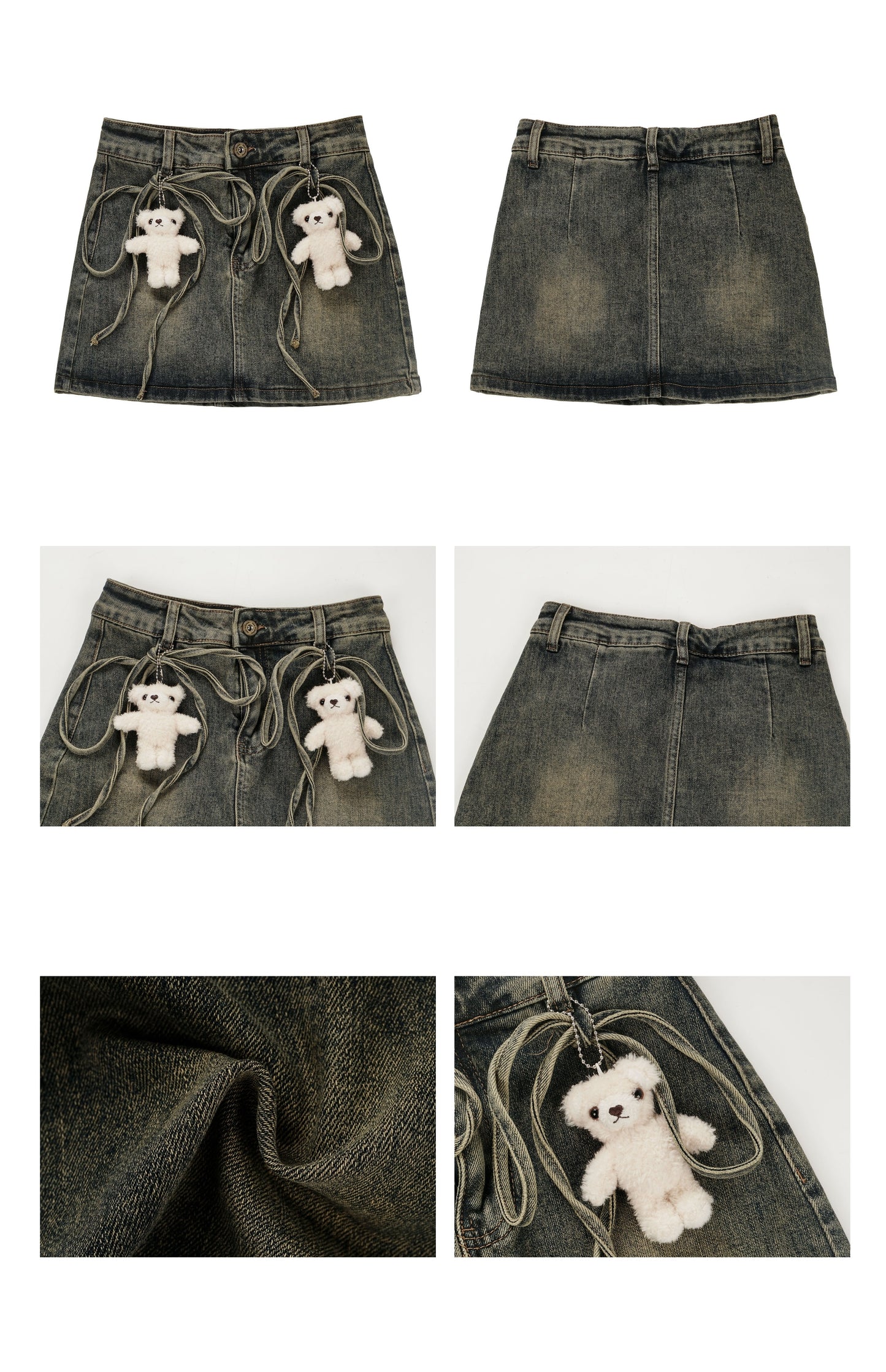 Teddy Bear Doll Grunge Y2K Dirty Wash Denim Short Skirt