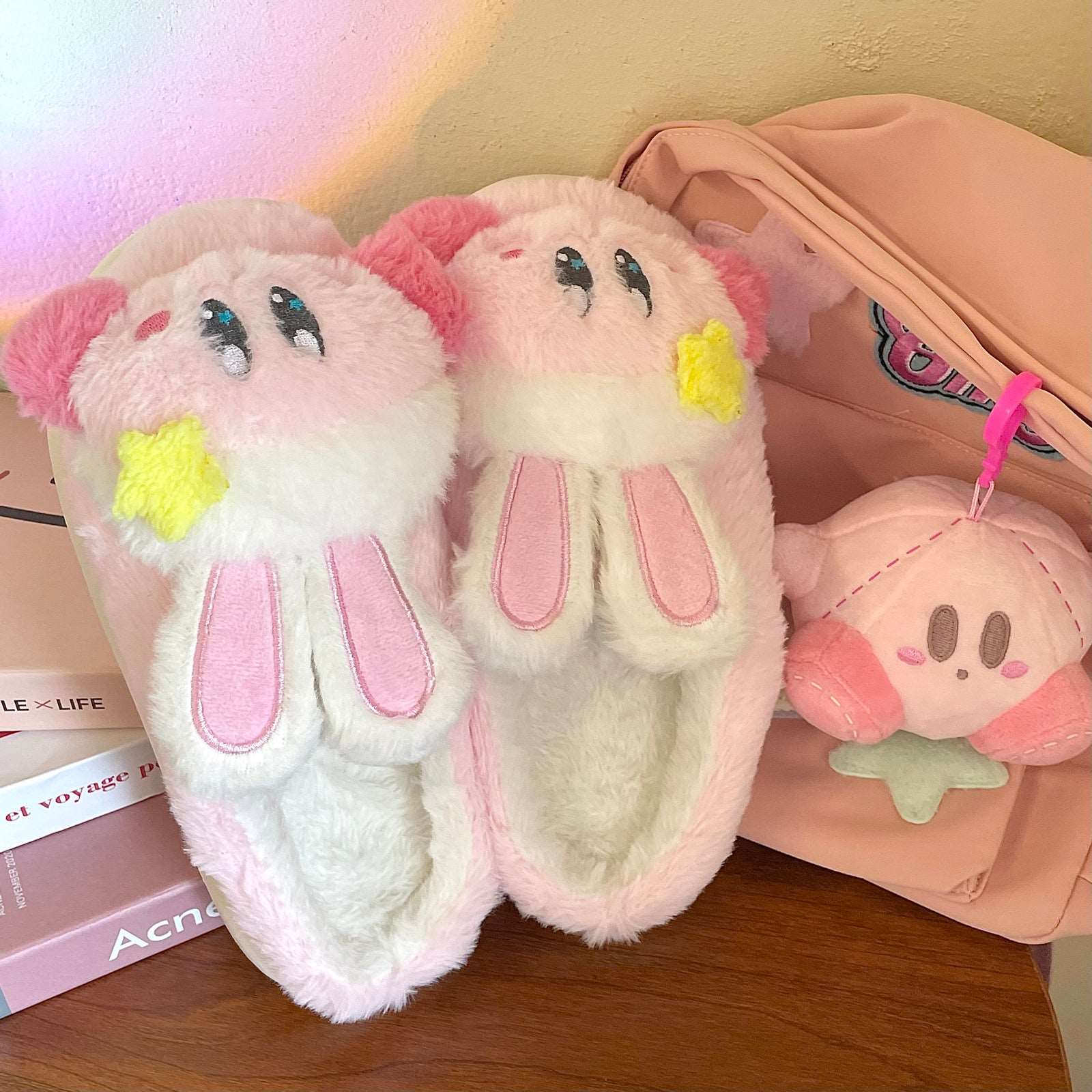 Cartoon Rabbit Ears Stars Pink Plush Fluff Slippers Shoes