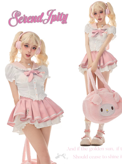 Serendipity Melo Bunny Pink Bow Sailor Collar Seifuku Shirt & Pleated Skirt Two Piece Set